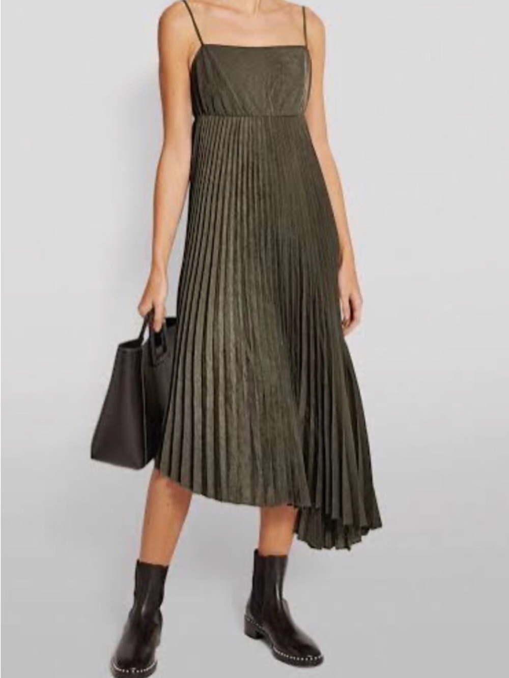 AllSaints Evetta Olive Green Pleated Midi Dress, size S, like new